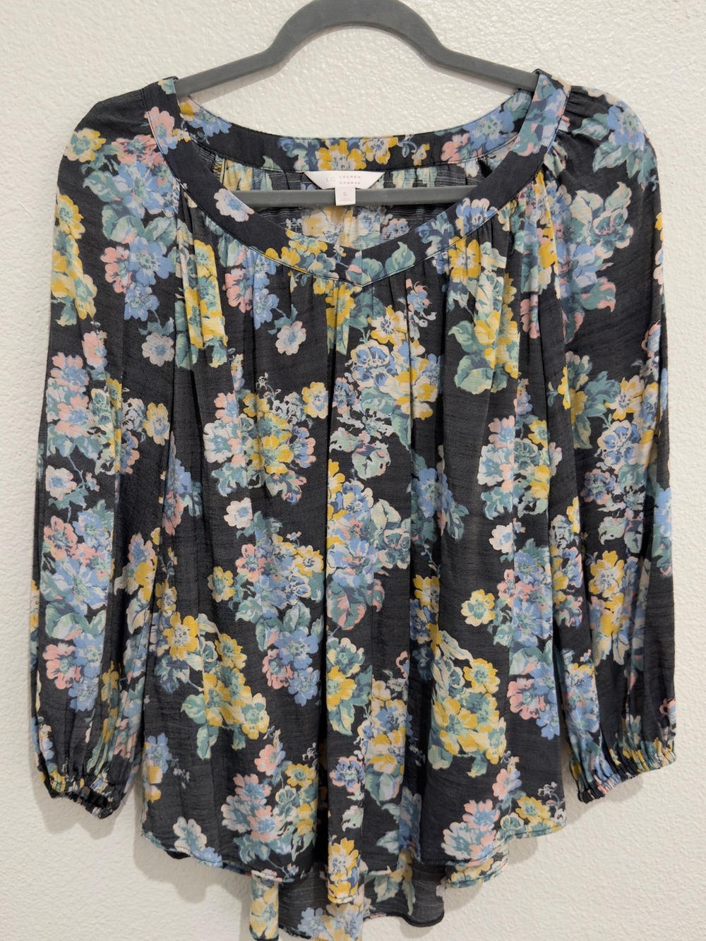 Women’s Floral Peasant Blouse - Black with Pastel Floral Print